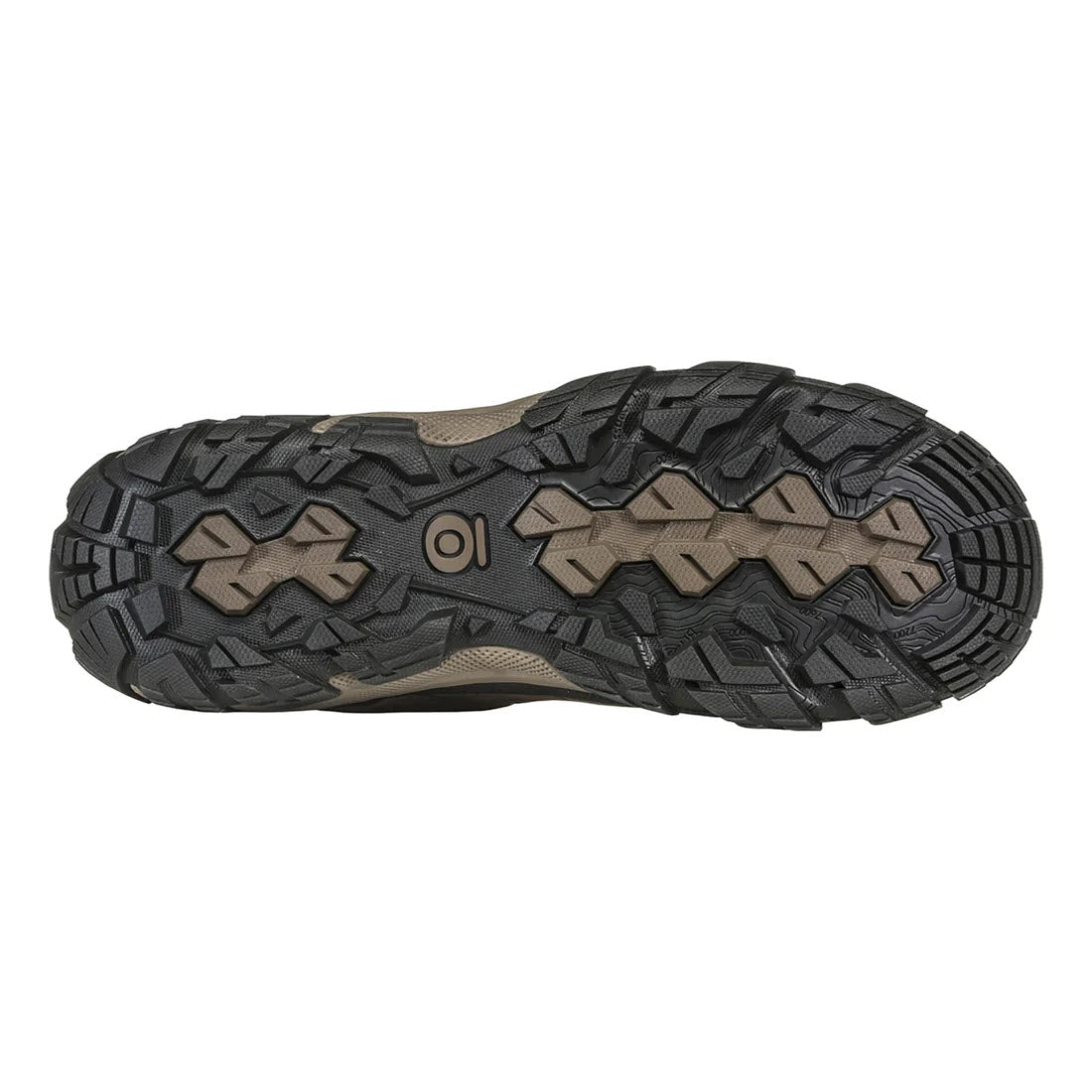 Bottom view of an OBOZ SAWTOOTH X MID ROCKFALL - MENS hiking boot sole with deep treads and grip patterns featuring B-DRY waterproof technology, colored in grey and black.