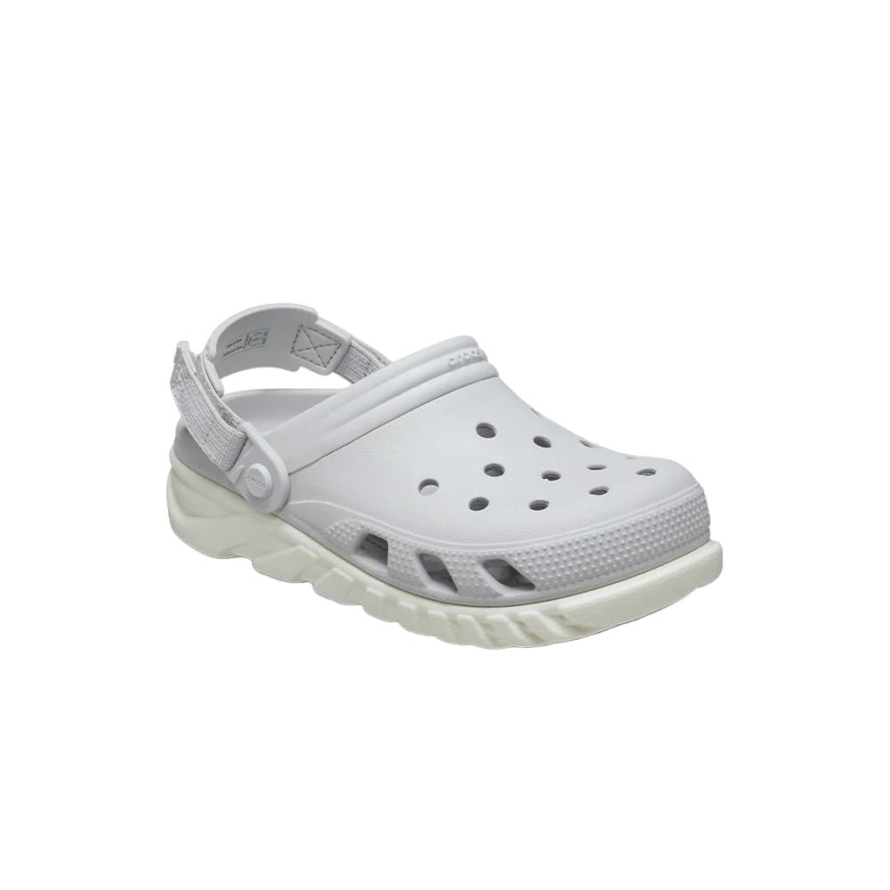 A gray and white Crocs Duet Max II clog from the Duet Max collection with holes on the top, an adjustable back strap, and a thick sole on a white background.
