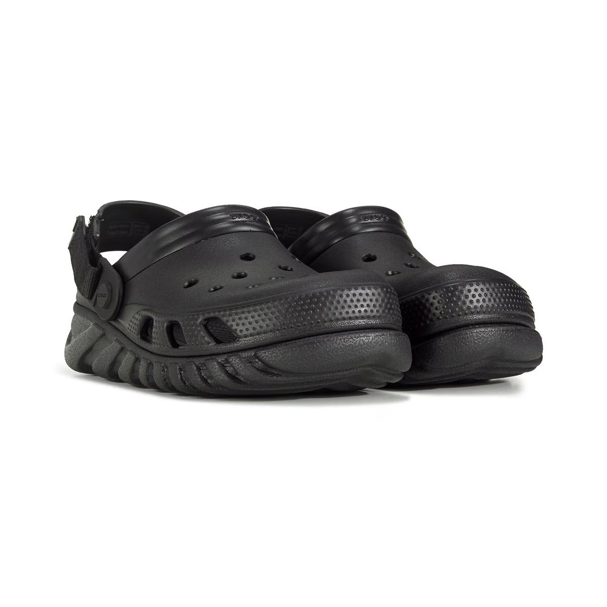 A pair of black Crocs Duet Max II clog sandals featuring adjustable back straps and ventilation holes, displayed against a white background.