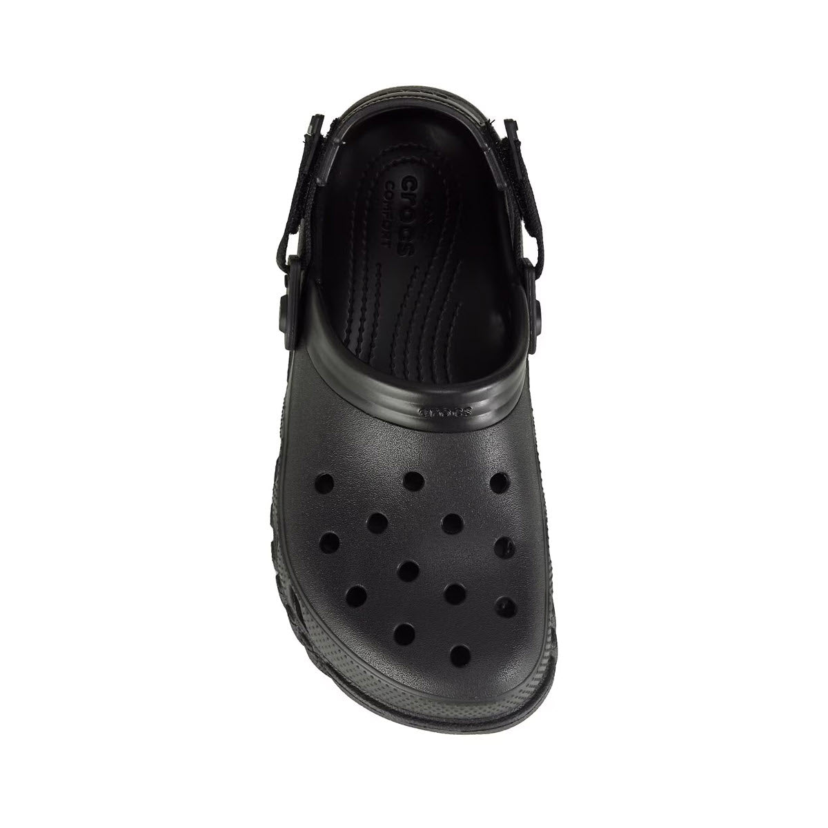 A top-down view of a single black Crocs DUET MAX II CLOG BLACK - MENS clog with adjustable back straps, displayed on a white background.