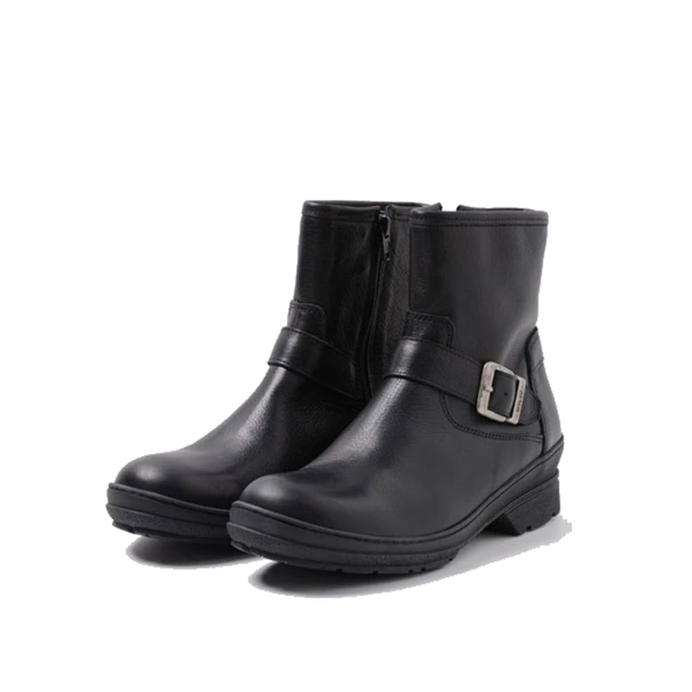 A pair of Wolky Nitra WR Forest Leather Black ankle boots with buckle details and zippers, displayed against a white background, featuring a water-resistant finish.