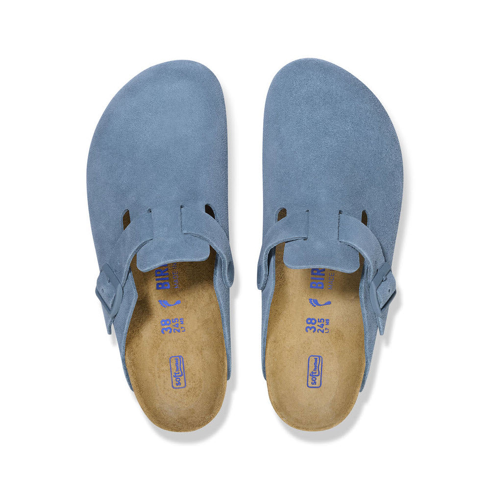 A pair of Birkenstock Boston Elemental Blue - Womens clogs with a soft footbed, viewed from above.