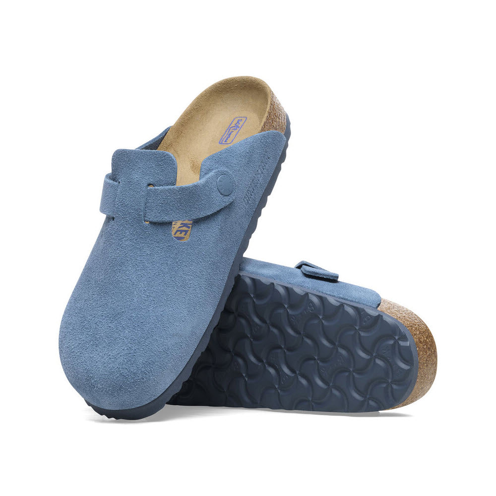 A pair of Birkenstock Boston Elemental Blue Women&#39;s clogs with a soft footbed, adjustable straps, and cork soles, isolated on a white background.