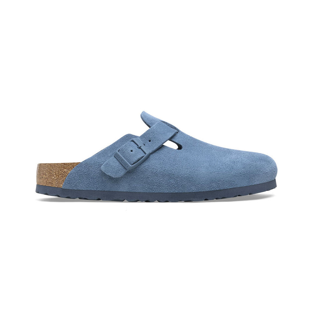 A single Birkenstock Boston Elemental Blue suede clog with a soft footbed, buckle strap, and cork sole, shown against a white background.