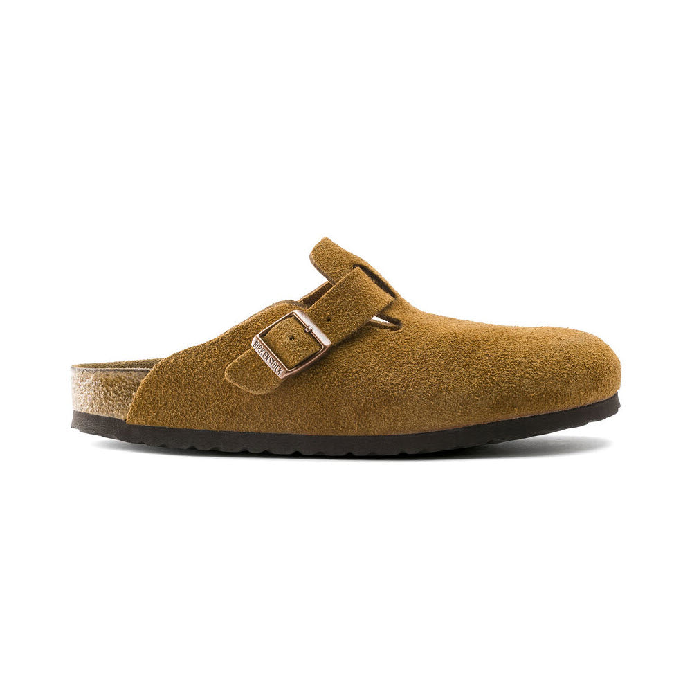 Side view of a single Birkenstock Boston Mink suede clog with a buckle and soft footbed, shown against a white background.