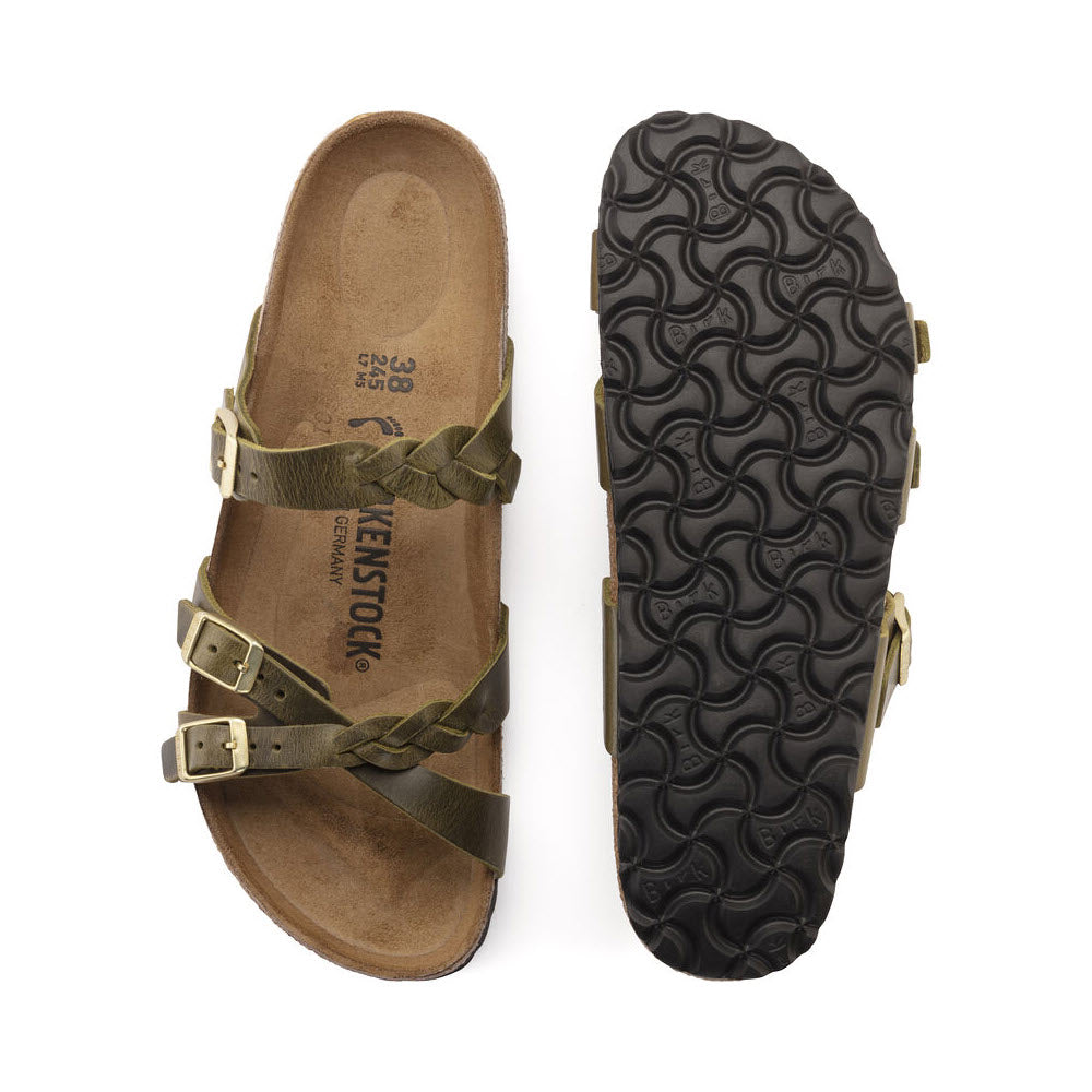 A pair of Birkenstock Franca Braid Green Oiled sandals with buckles, displayed top and bottom views on a white background.