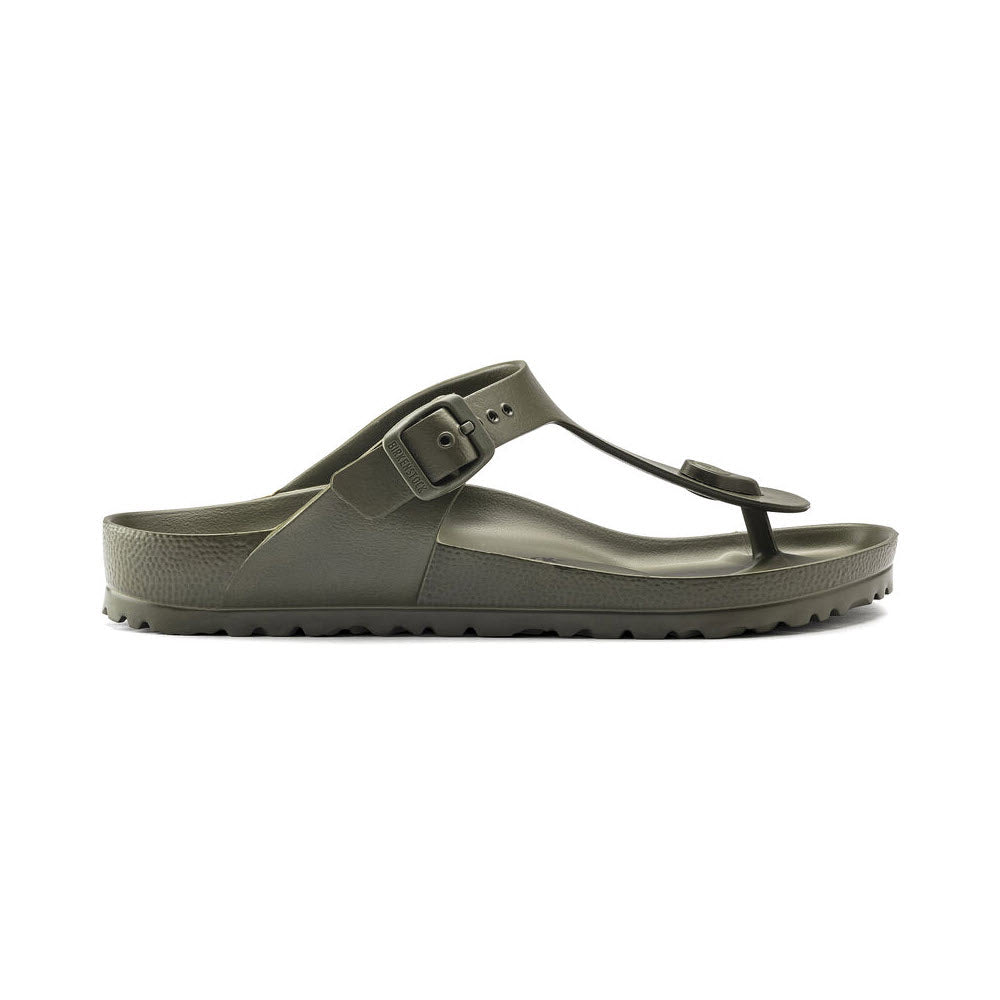 Khaki Birkenstock Gizeh EVA thong sandal with a buckle strap and textured sole, isolated on a white background.