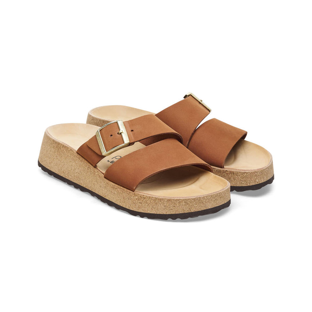 A pair of brown cork platform sandals with buckles and a contoured footbed by BIRKENSTOCK ALMINA PECAN by Birkenstock, on a white background.