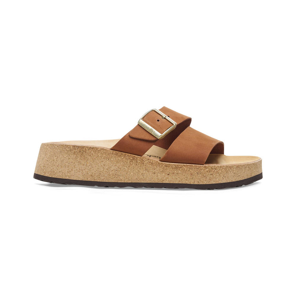 Papillio by Birkenstock ALMINA PECAN wedge brown strap sandal with a contoured footbed on a white background.