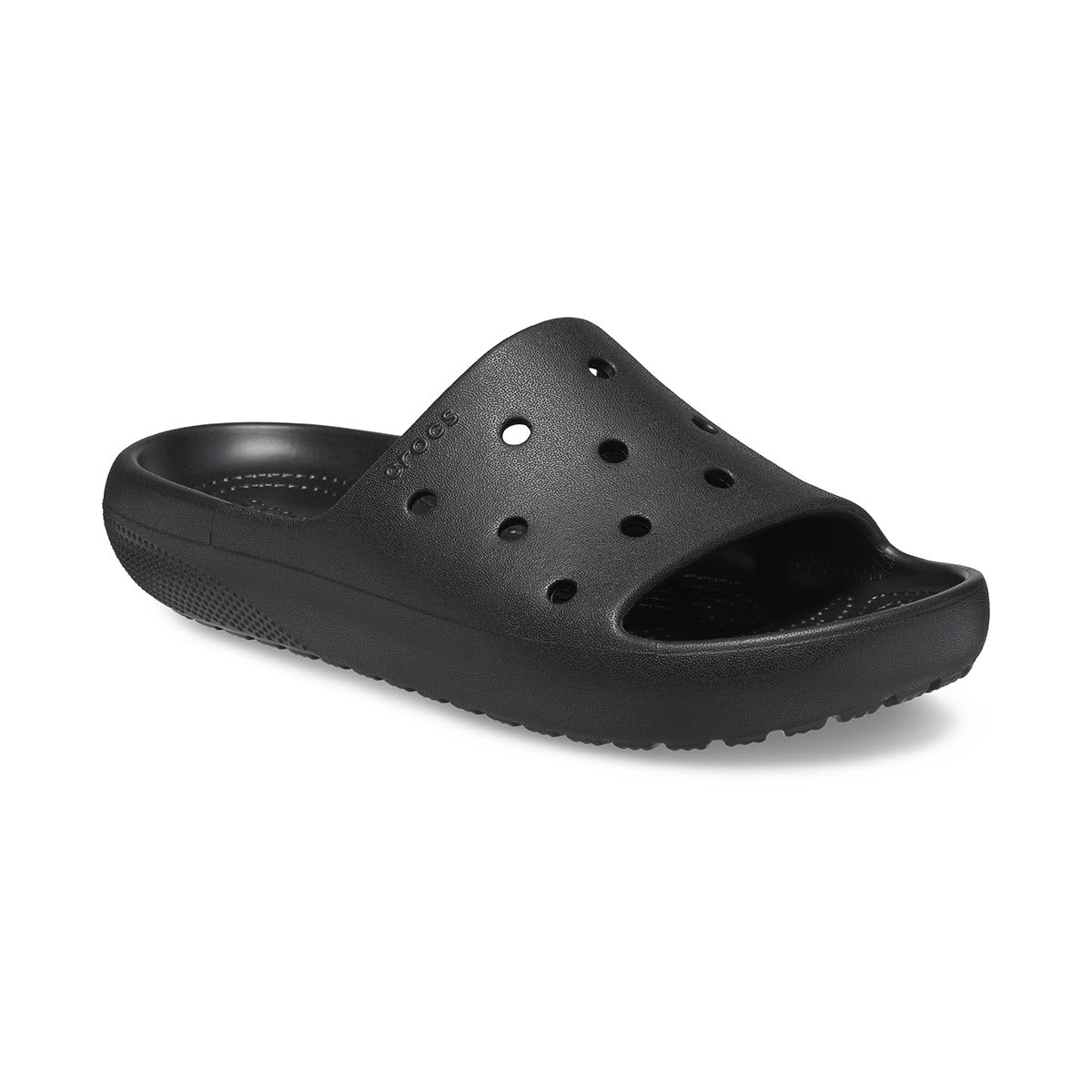 A single black Classic Croc Slide V2 sandal from the Crocs Collection, with multiple circular perforations and made of a rubber-like material, displayed on a white background.