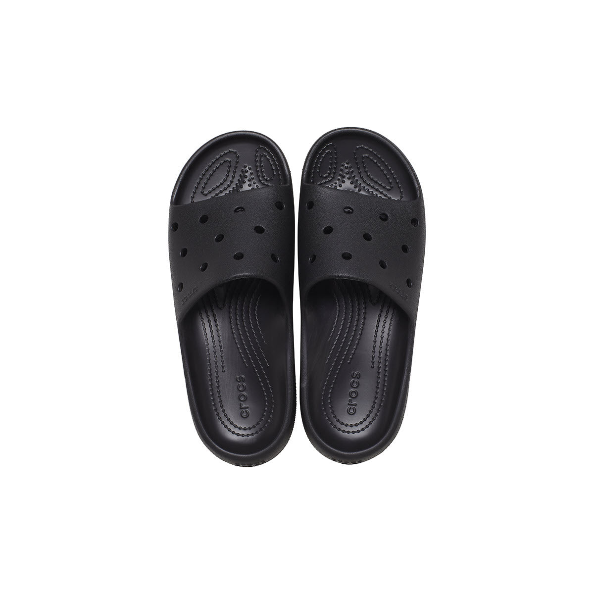 A pair of black Crocs Classic Croc Slide V2 Sandals from the Crocs Collection displayed on a white background.