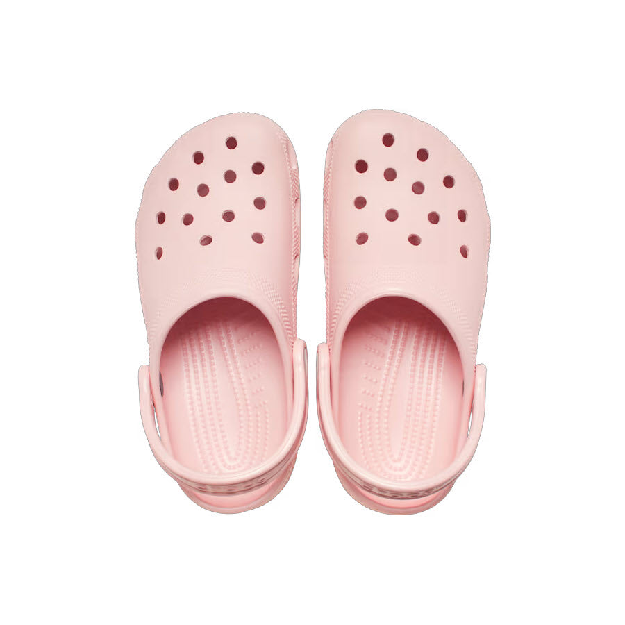 A pair of pink rubber Crocs Classic Clog Quartz - Womens with ventilation holes, viewed from above, isolated on a white background.