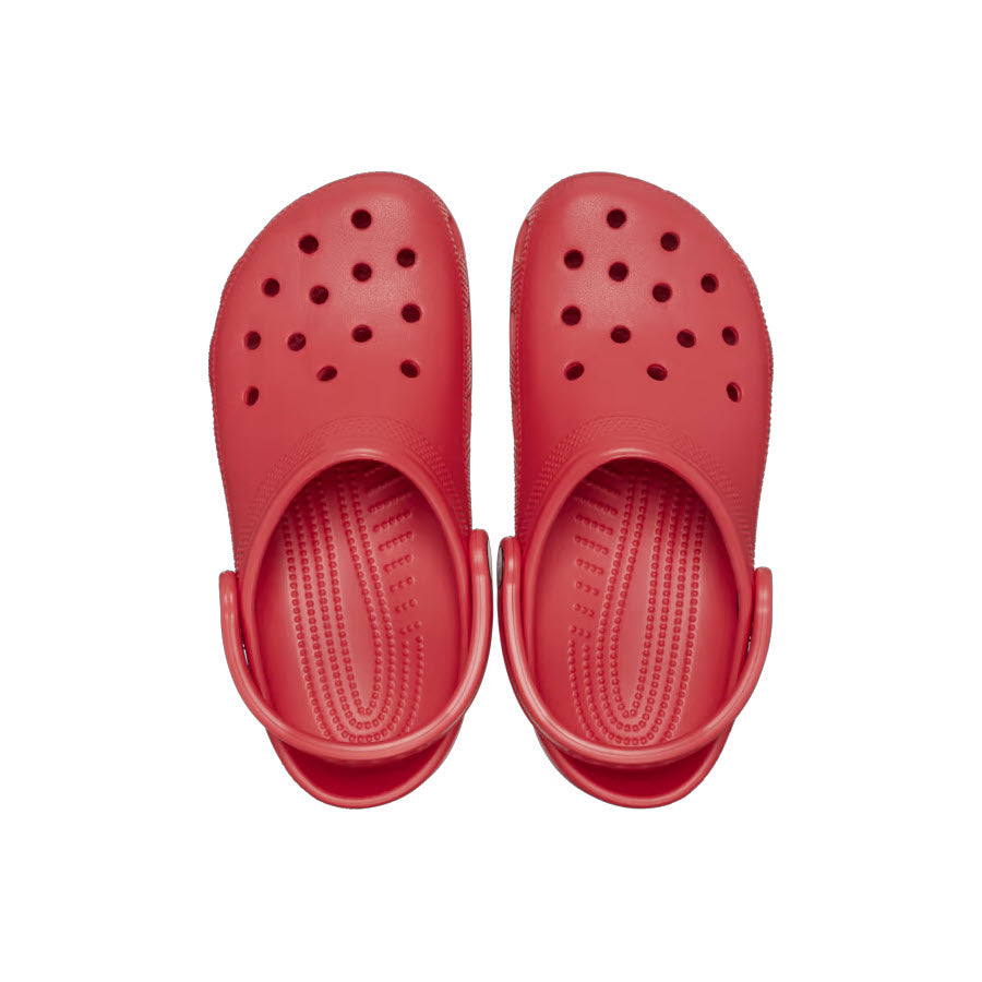 A pair of iconic Crocs Classic Clog Varsity Red - Womens with multiple perforations, viewed from above on a white background.