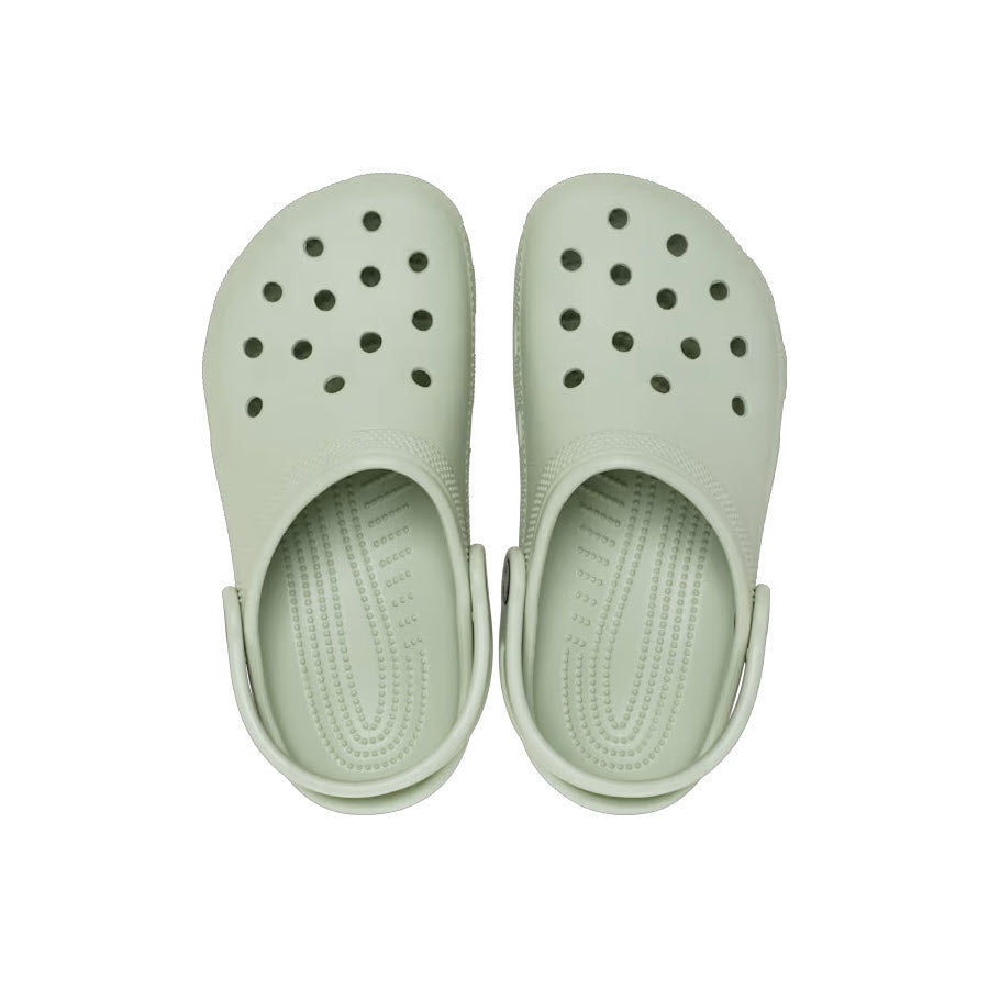 A pair of pale green Crocs CLASSIC CLOG PLASTER for kids viewed from above, featuring round ventilation holes and a back strap.