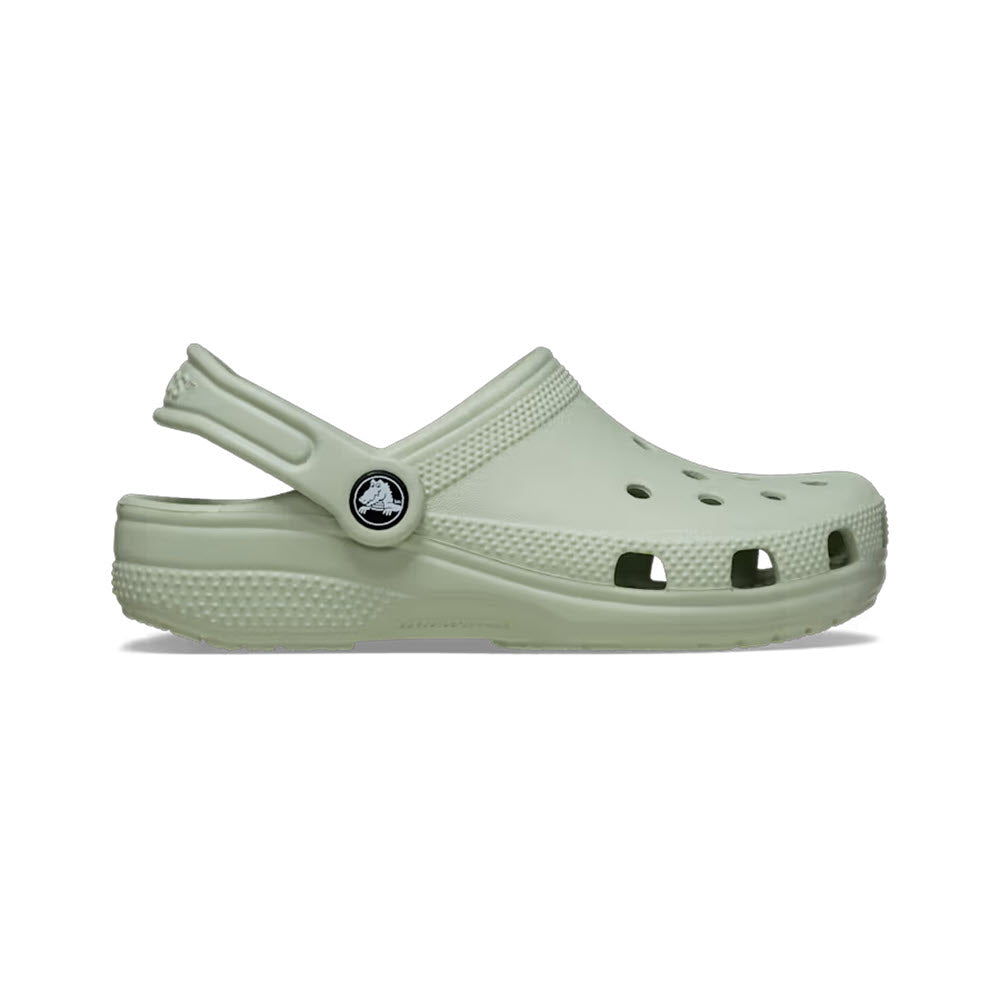A single light green Crocs Classic Clog Plaster shoe for kids displayed against a white background, featuring ventilation holes and a pivoting heel strap.