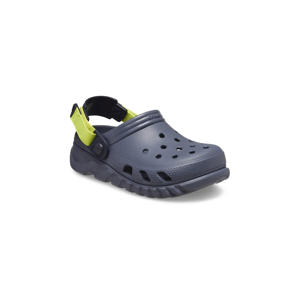Navy blue Crocs Duet Max Storm clog-style shoe with a neon adjustable strap.