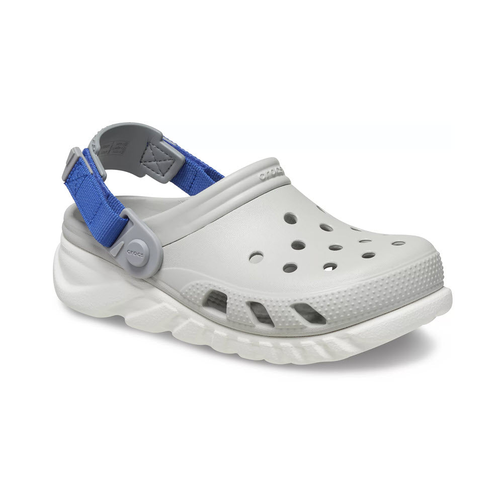 White and blue Crocs Duet Max Clog Atmosphere sandal with adjustable heel strap on a white background.
