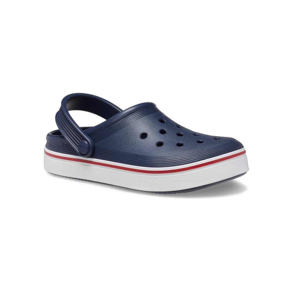 Crocs navy blue clog-style shoe with sneaker-like sophistication and white and red sole detail on a white background.