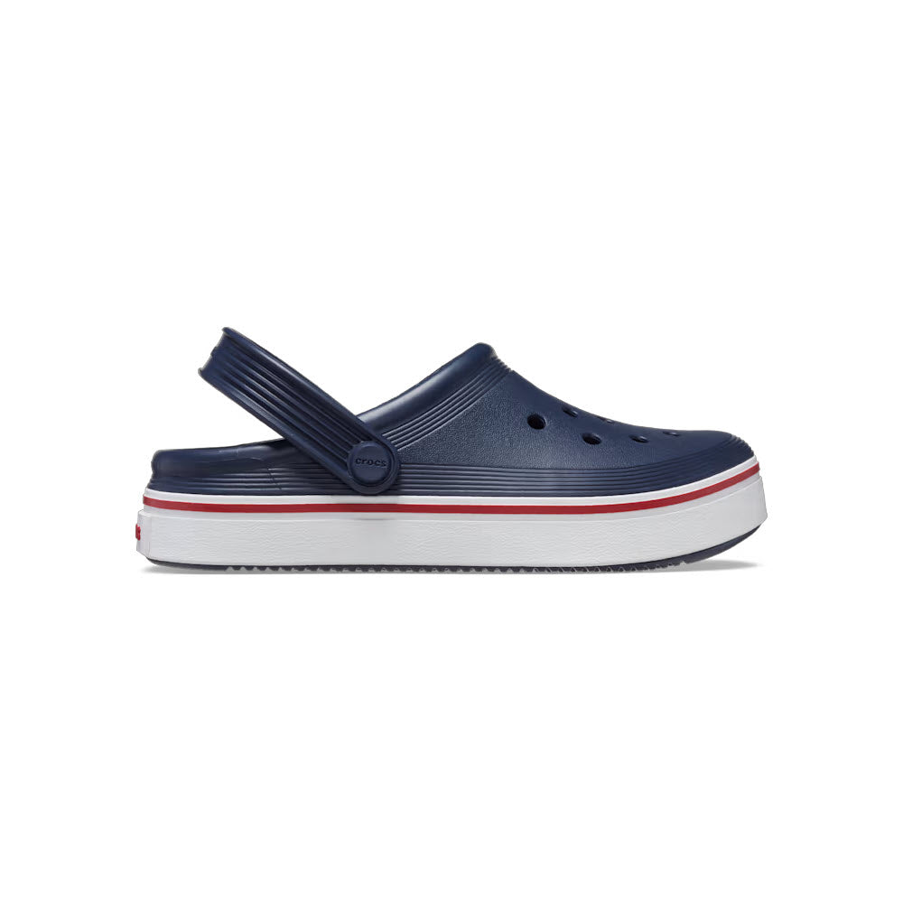 Navy blue Crocs OFF COURT CLOG with a thick white sole and red stripe detail, offering sneaker-like sophistication in the clog game.