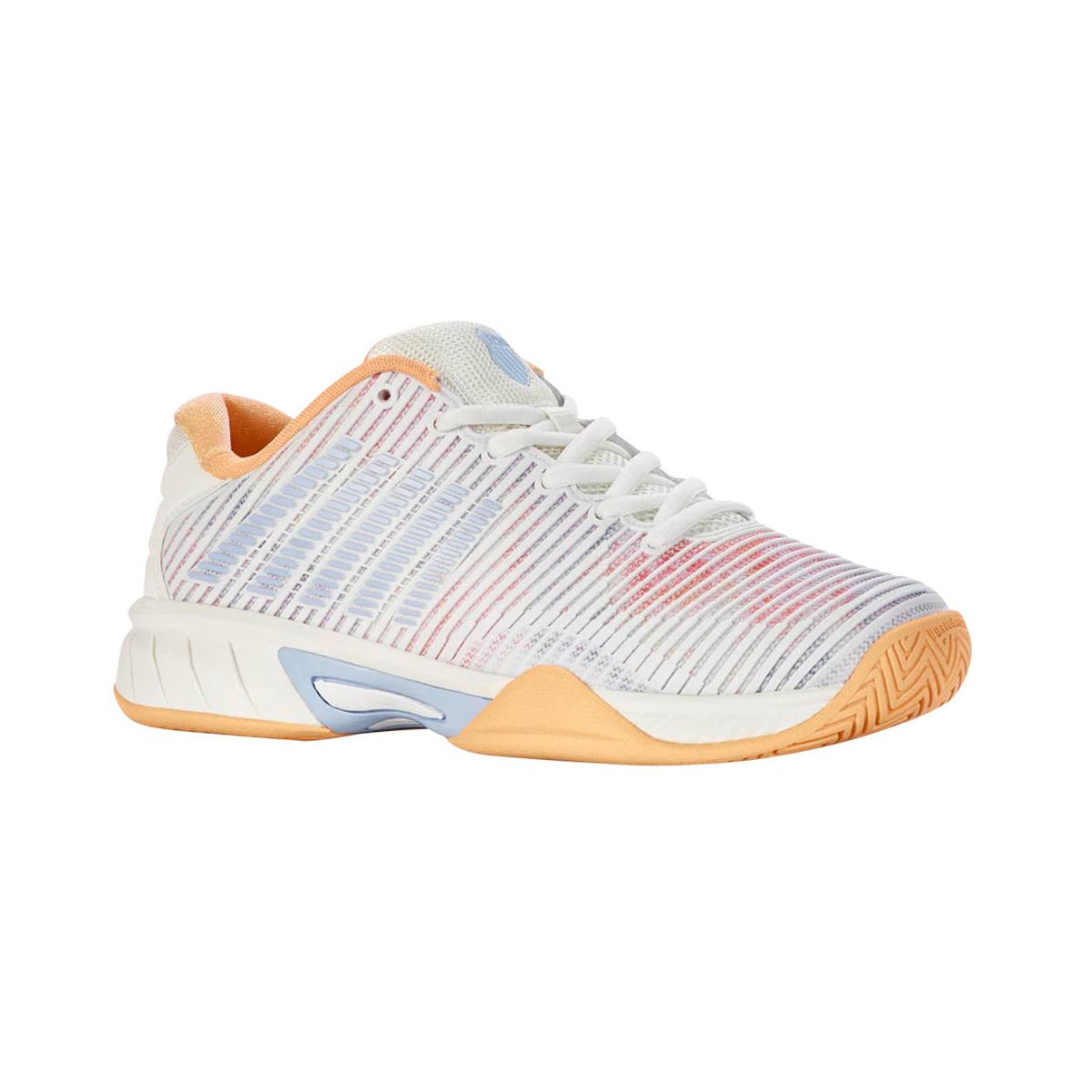 White and orange K-Swiss Hypercourt Express 2 court shoe with striped pattern on a white background.