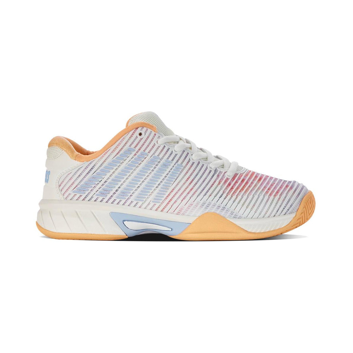 A single multicolored K-Swiss Hypercourt Express 2 Star White/Peach Fuzz athletic shoe with a white base, blue accent, and a gum sole.
