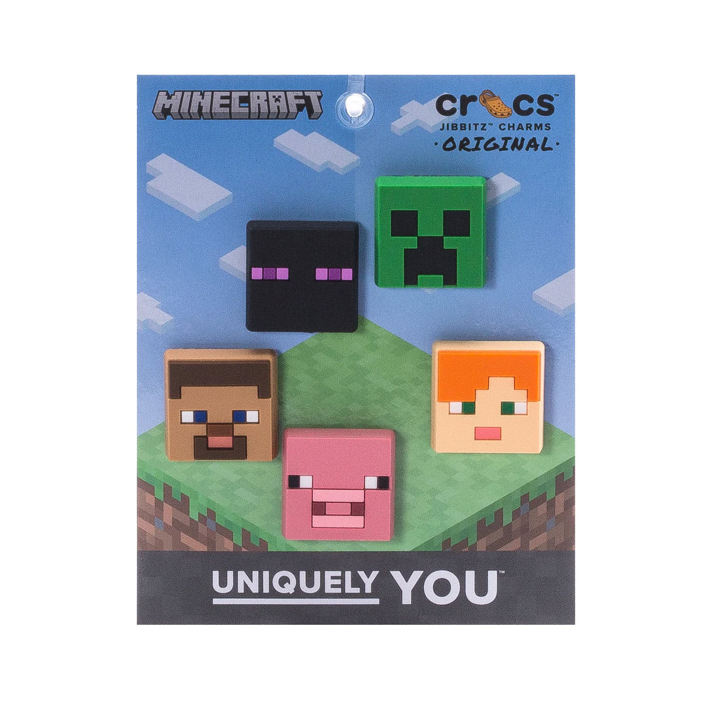 Minecraft-themed JIBBITZ MINECRAFT 5 PACK for Crocs, featuring pixelated designs of a pig, creeper, and other characters, displayed on a branded card.