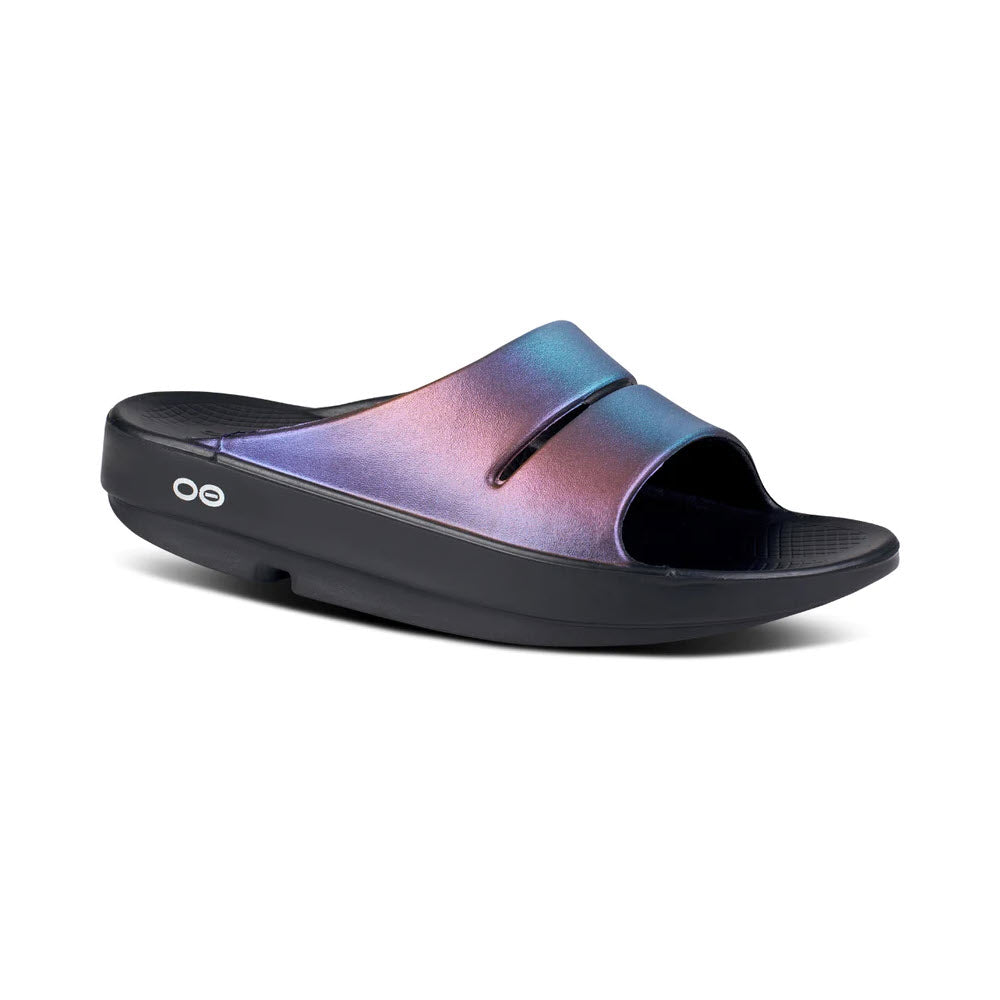 A single Oofos slide sandal with an iridescent strap and a streamlined footbed, isolated on a white background.