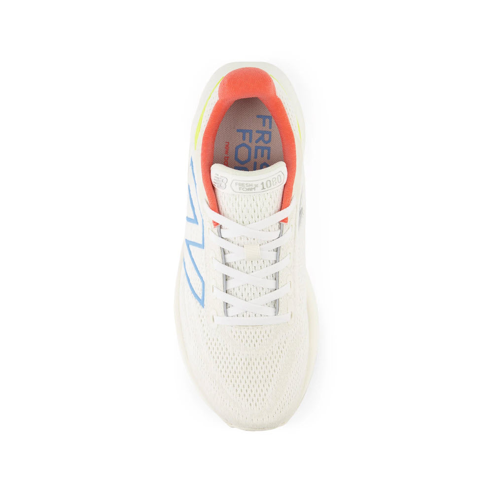 Top view of a single white New Balance Fresh Foam X 1080v13 SEA SALT/COASTAL BLUE/ GULF RED sport running shoe with colorful accents.