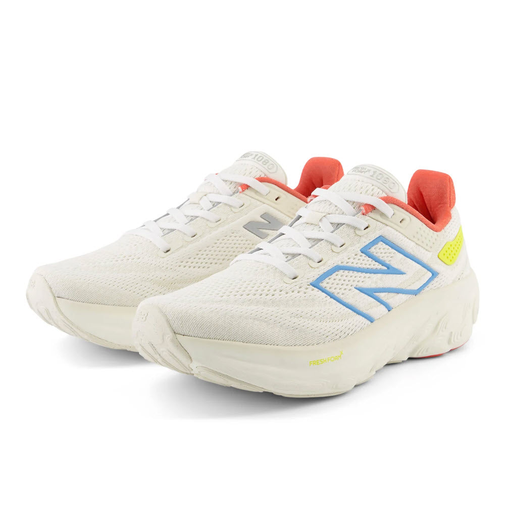 A pair of New Balance 1080v13 Sea Salt/Coastal Blue/Gulf Red running shoes with white and beige tones and accents of blue and yellow.