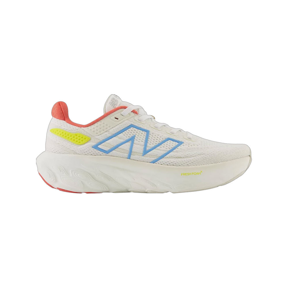 A single white high-performance New Balance Fresh Foam X NEW BALANCE 1080V13 SEA SALT/COASTAL BLUE/ GULF RED - WOMENS running shoe with colorful accents and &quot;fresh foam&quot; cushioning.