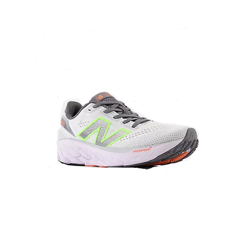 Sentence using the given product name and brand name: The New Balance W880V14 Grey Matter/Taro/Bleached Lime Glo running shoe features neon green logo and orange details, as well as Fresh Foam X underfoot cushioning.