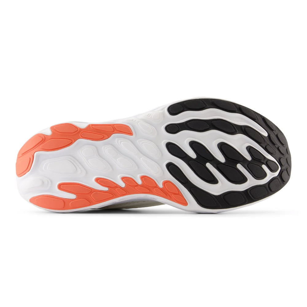 Bottom view of a New Balance Vongo V6 Sea Salt/Lemon Zest/Light Chrome running shoe sole featuring a black, white, and orange tread pattern on a white background.