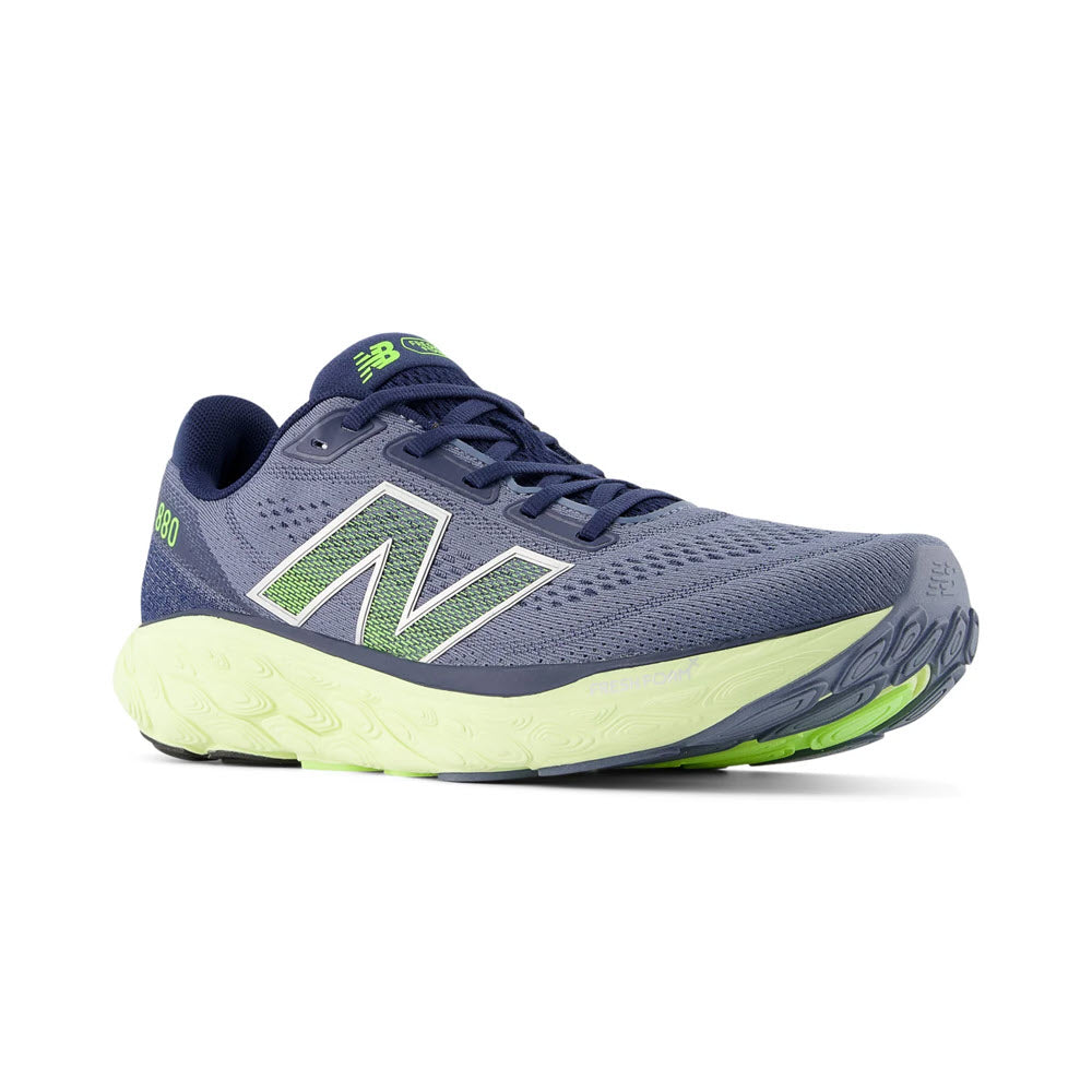 A single New Balance Fresh Foam X 880v14 running shoe in blue with a neon green sole and the logo in white on the side.