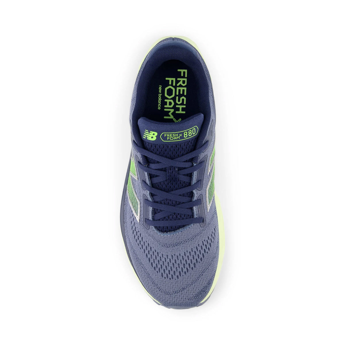 Top view of a single New Balance 880v14 Arctic Grey/Limelight/NB Navy - Mens running shoe in blue and green colors.