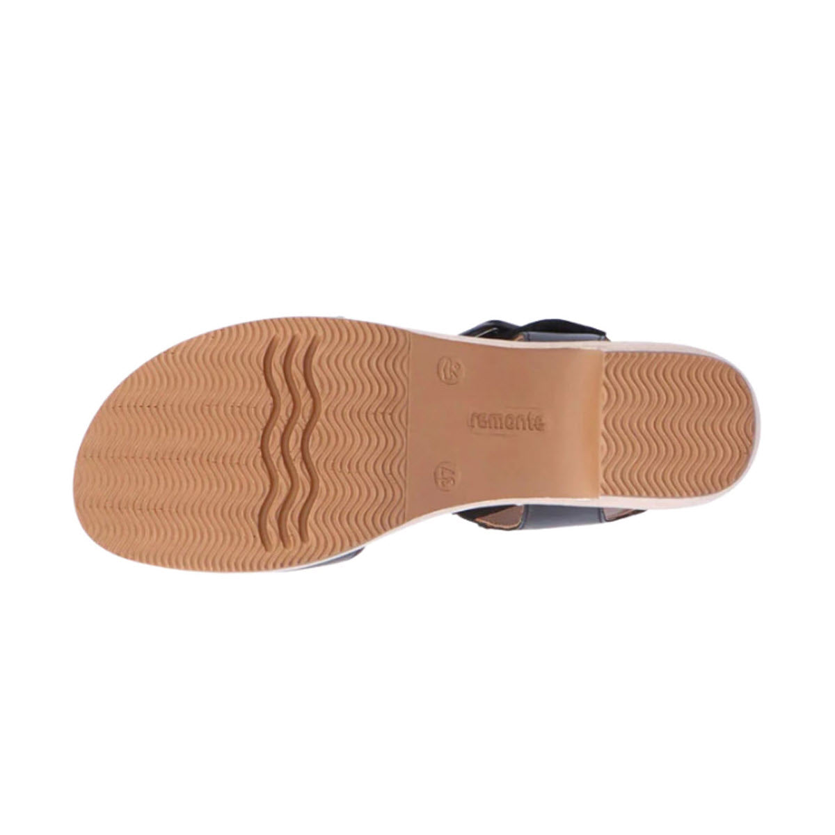 Bottom view of a Remonte heeled sandal with a brown sole featuring a wavy tread pattern and embossed &quot;Remonte by Rieker&quot; logos.