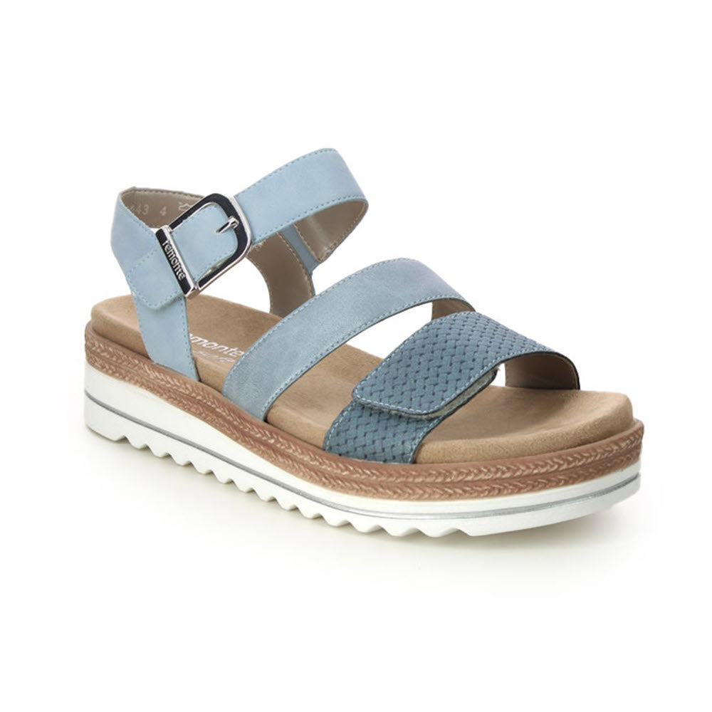 Light blue Remonte City Walker Gladiator sandal with a buckle closure, featuring a multicolor stacked sole and textured straps.