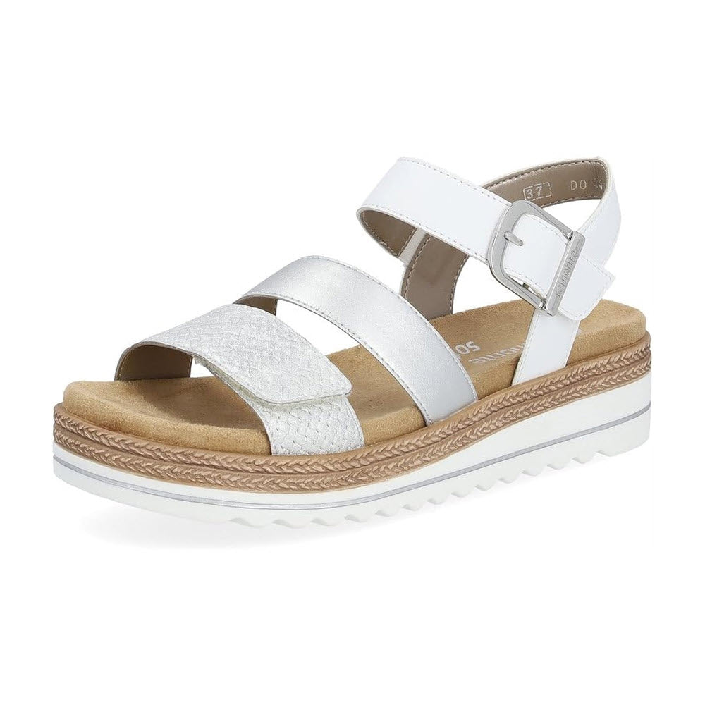 White platform sandal with a Velcro closure, featuring a tan sole and multi-textured upper, the REMONTE CITY WALKER GLADIATOR SANDAL WHITE for women is perfect for summer outings.