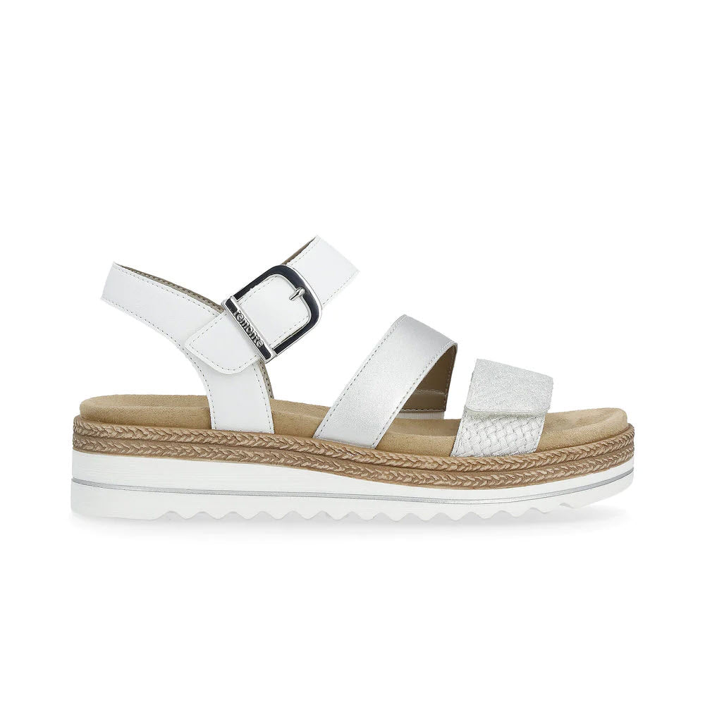 Remonte white platform sandal with multiple straps and a Velcro closure, set against a plain white background.