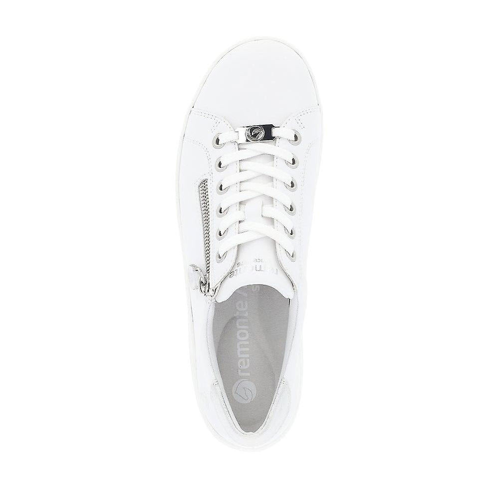 Top view of a single Remonte Euro City Walker All White women&#39;s leather trainer with laces and a side zipper, displayed on a white background.