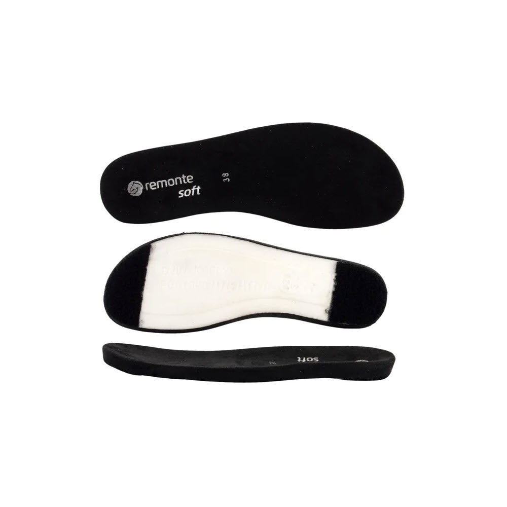 Two shoe insoles, from the brand Remonte featuring Lite &#39;n Soft technology, isolated on a white background, one displayed top side up and the other shown from the side.