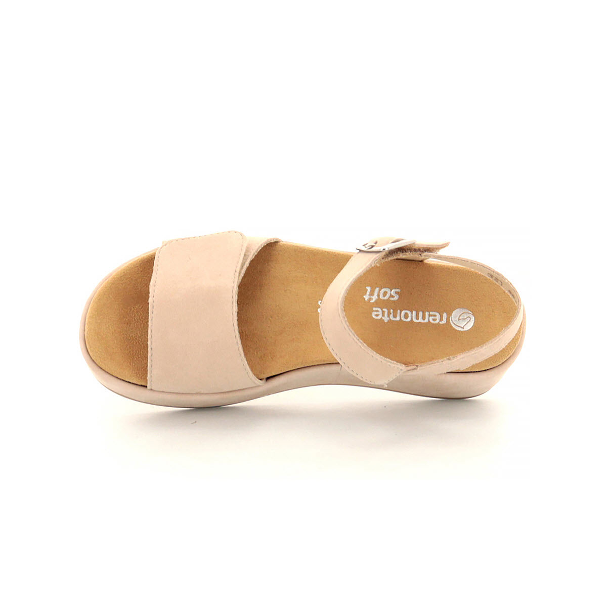 Single blush women&#39;s sandal featuring Remonte&#39;s new style, with a closed toe and open back, viewed from the side, on a white background.
