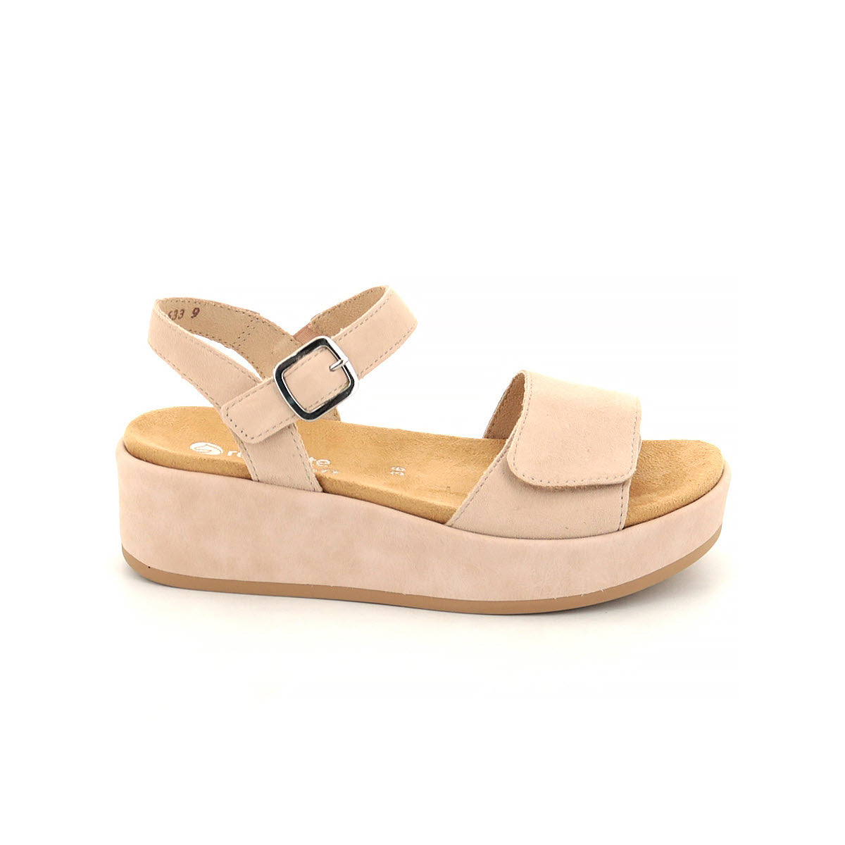 Remonte platform ankle strap sandal in blush, featuring a breathable microvelour finish, a buckle strap, and a cork sole, isolated on a white background.