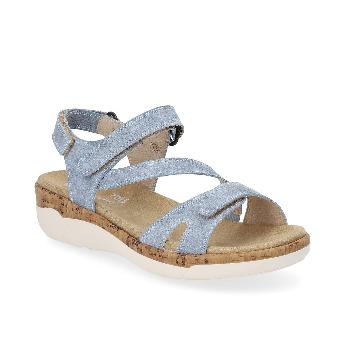 Light blue Remonte Three Strap Adjustable Sandal Jeans - Women's with cork sole and velcro straps displayed on a plain white background.