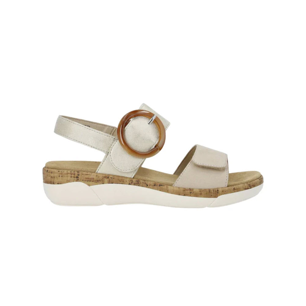 A single Remonte silver sandal with a cork sole and a hook and loop fastener on the strap.