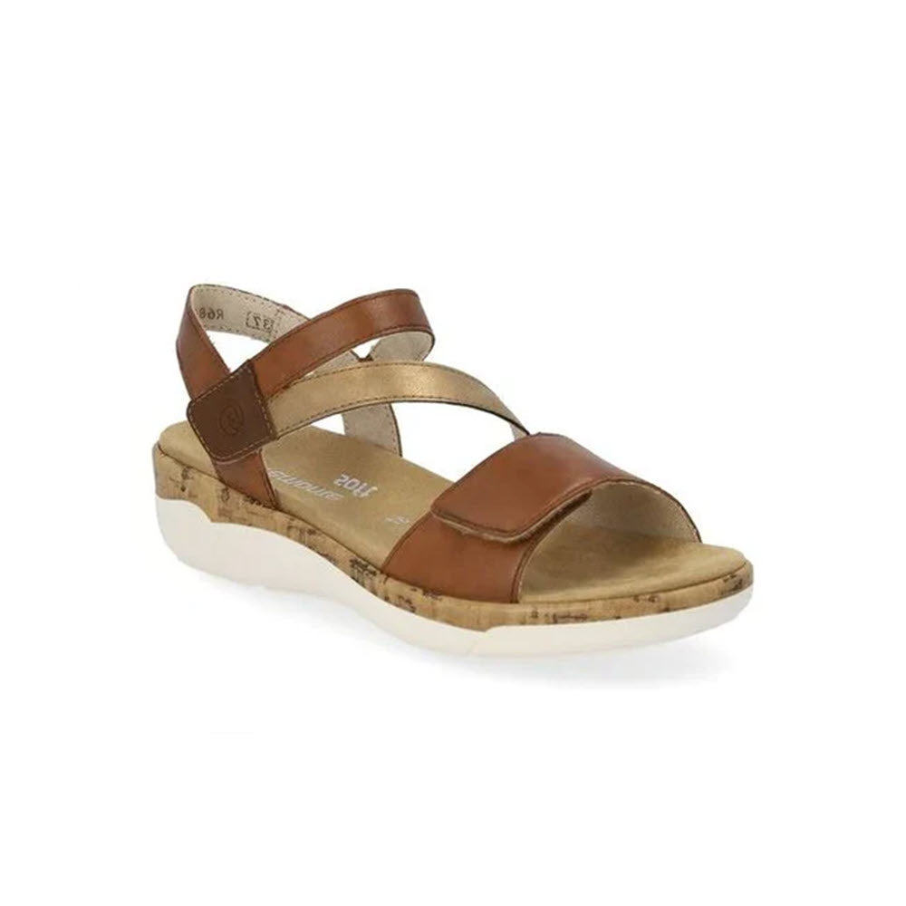 Remonte brown leather strappy sandal with a cork-style sole and removable footbed on a white background.