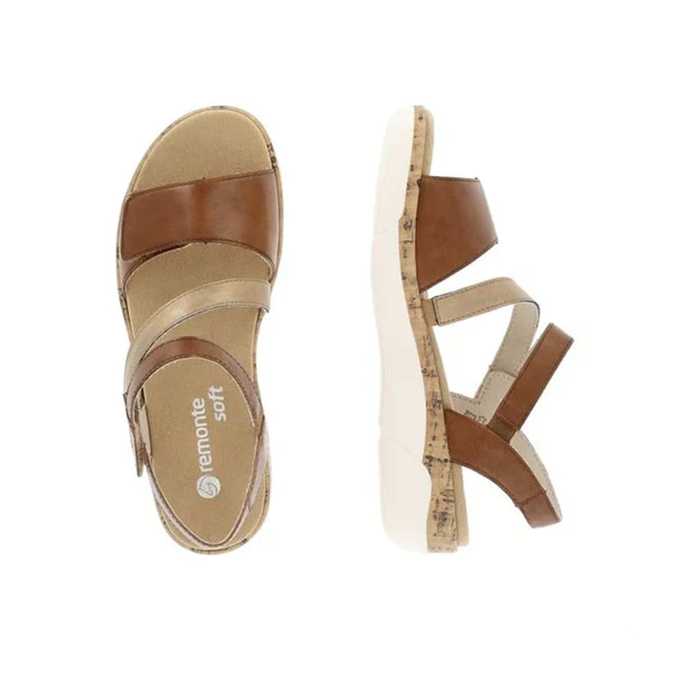 Top and side views of a pair of brown Remonte three-strap adjustable sandals with a cork sole and removable footbed, featuring a label that reads &quot;genuine soft&quot;.