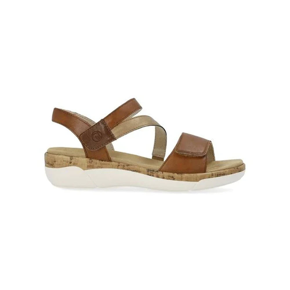 A REMONTE three-strap adjustable sandal in brown with a smooth leather upper, cork sole, and two straps, one with a circular logo, isolated on a white background.