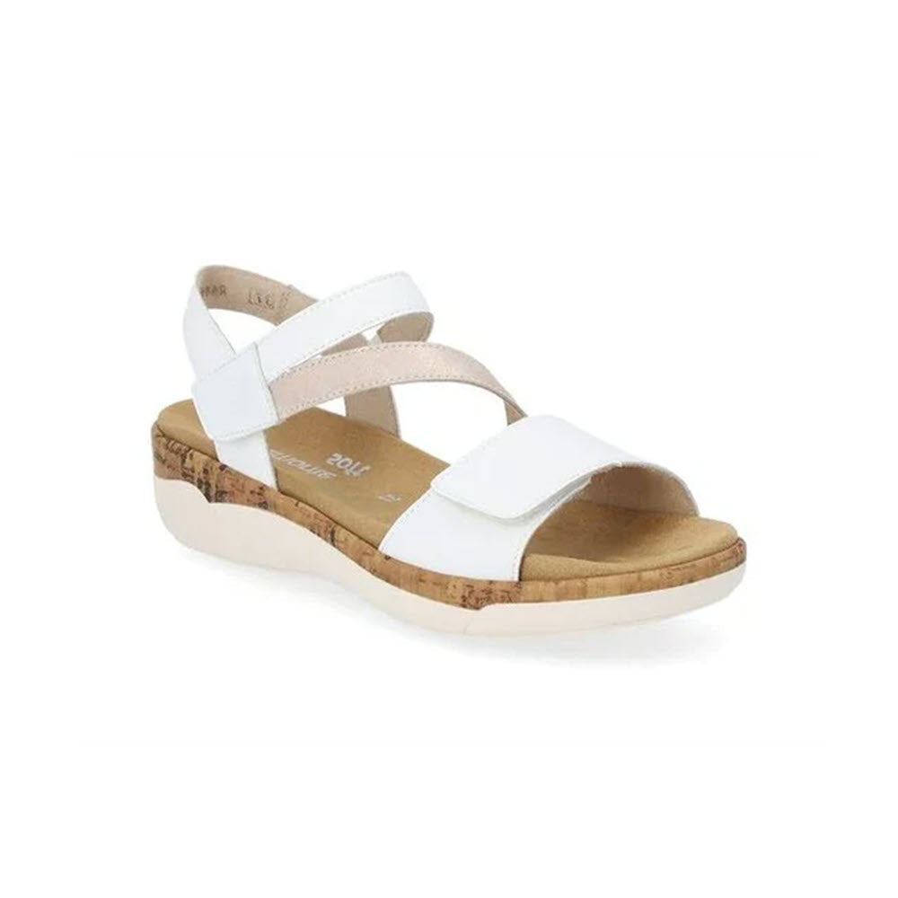 Remonte white strappy sandal with a cork midsole and a low wedge heel, displayed on a plain white background.