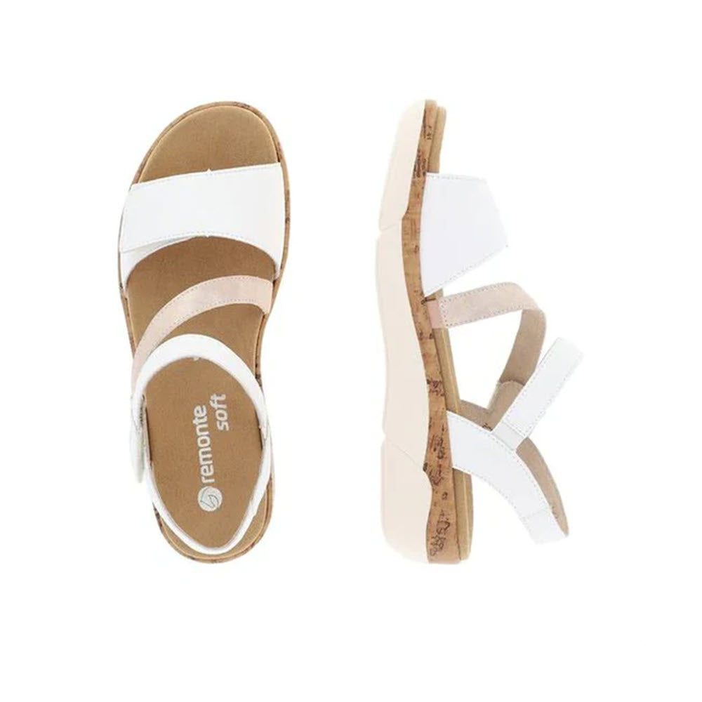 Top and side view of a pair of Remonte three strap adjustable sandals in white with cork soles, isolated on a white background.