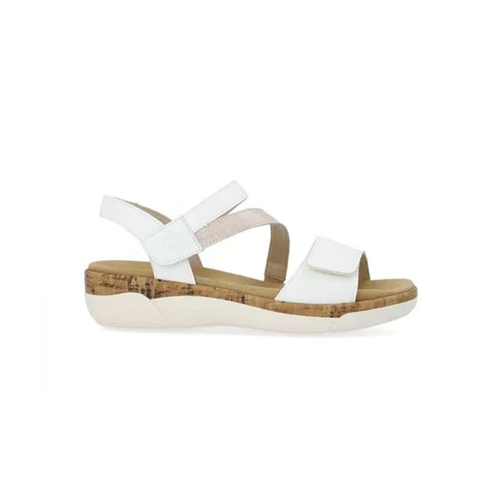 Remonte white strappy sandal with a smooth leather finish and a cork platform sole, displayed against a plain white background.